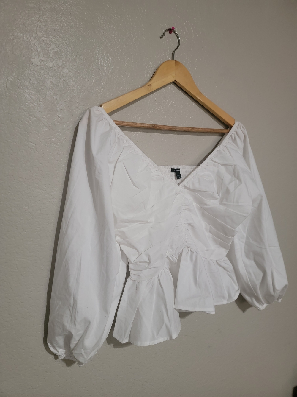 Express White Ruched Peplum V-Neck Blouse